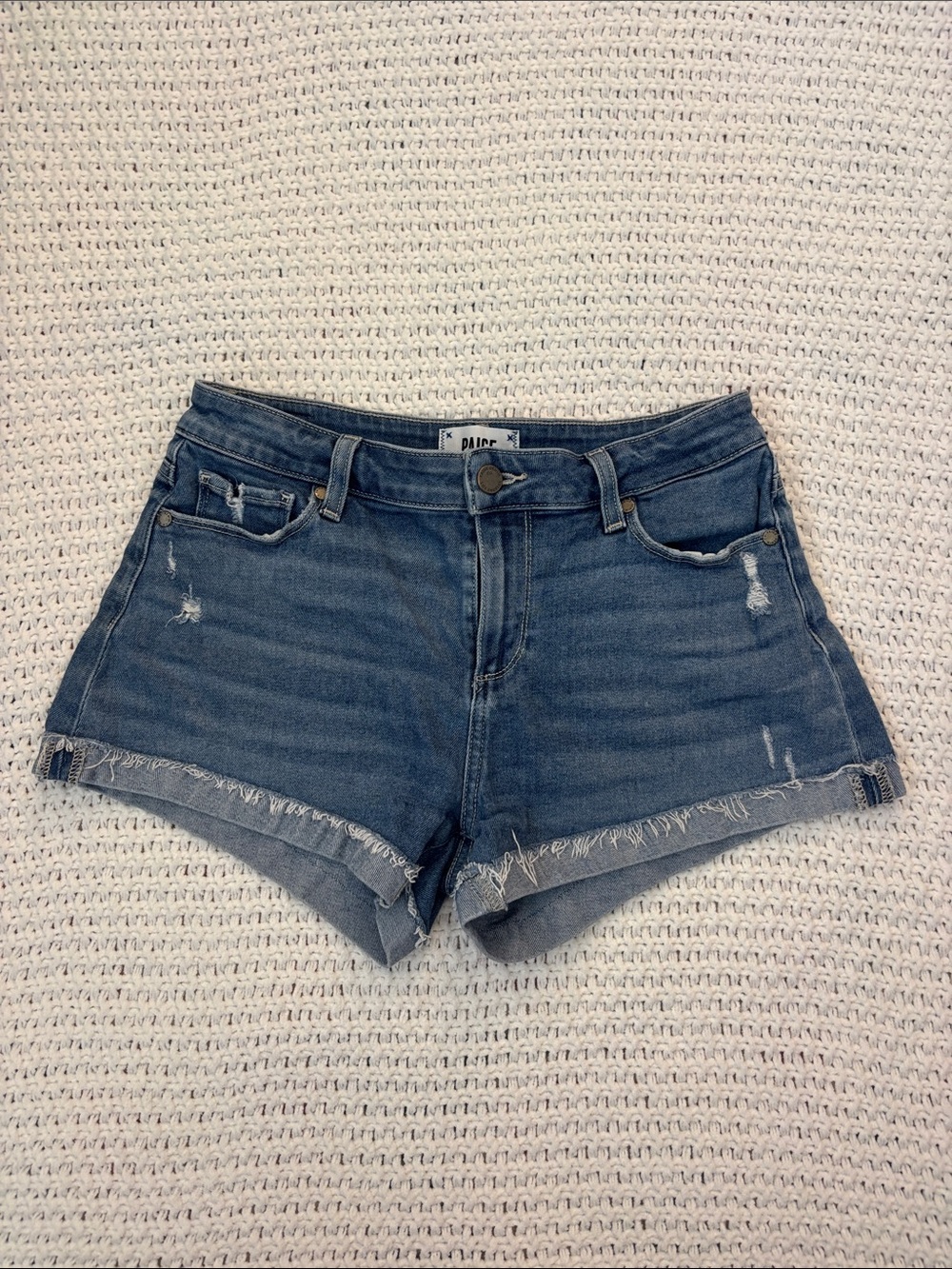 PAIGE Jimmy Jimmy Mid Rise Short Denim Distressed Fold over Shorts